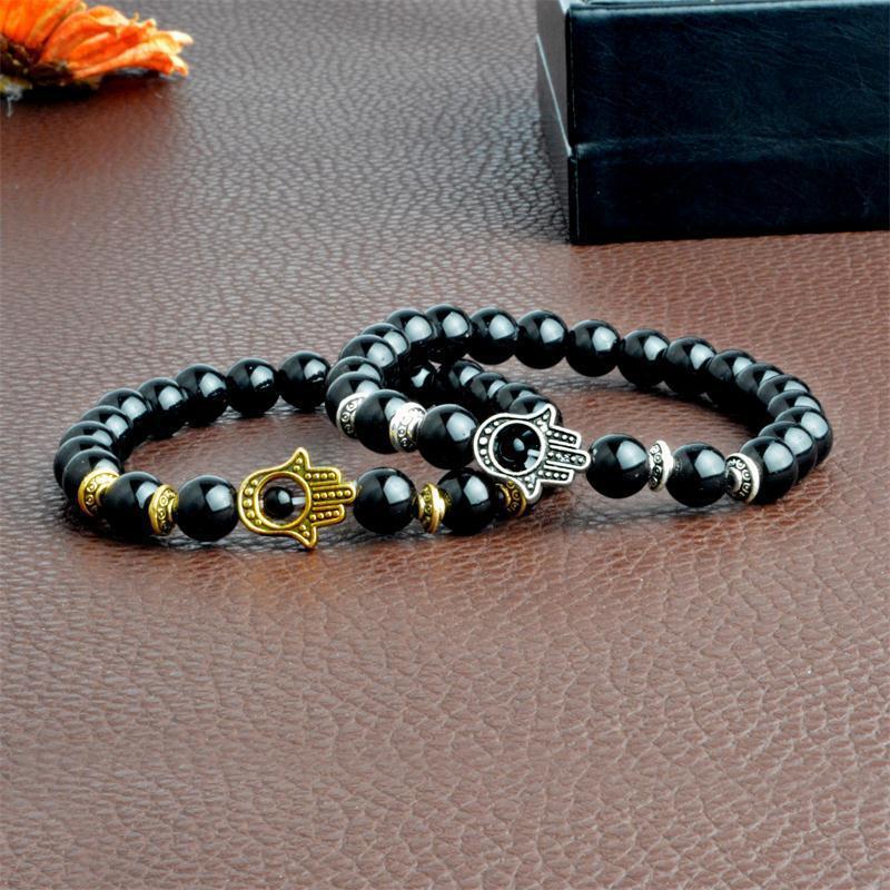 Hot Sale 8mm Black Volcanic Stone Bracelet With Gold and Silver Lion Fatima Demon Palm Natural Bracelet