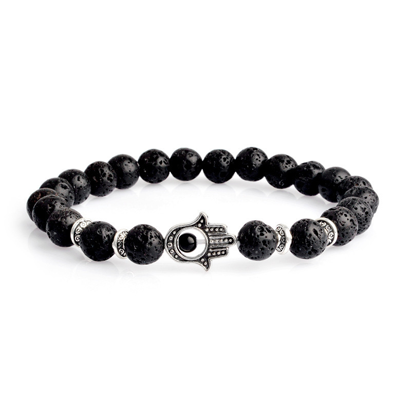 Hot Sale 8mm Black Volcanic Stone Bracelet With Gold and Silver Lion Fatima Demon Palm Natural Bracelet