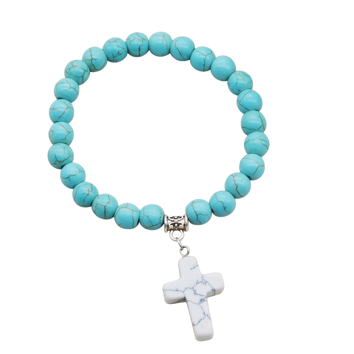 Turguoise Stone Cross Pendant Bracelet 8MM Bead Silver Reiki Cuff Bangle