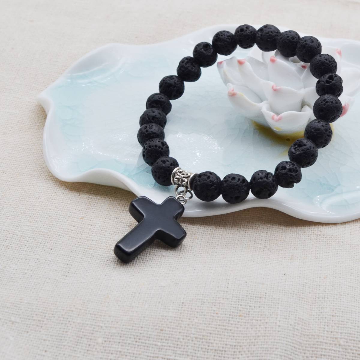 Turguoise Stone Cross Pendant Bracelet 8MM Bead Silver Reiki Cuff Bangle