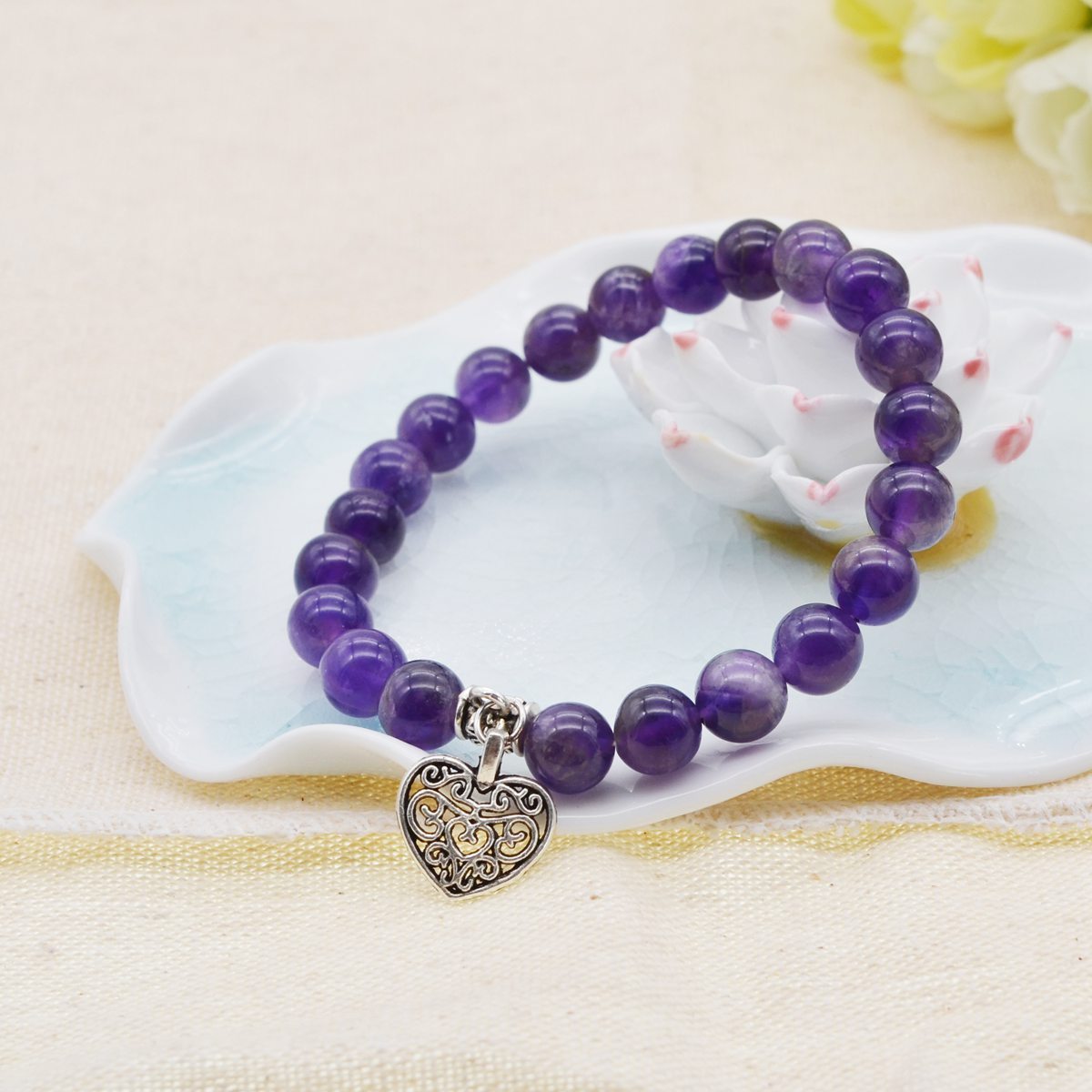 3 Style Natural Gemstone 8mm Beaded Bracelet Vintage Heart Charm Pendant Stretch Beads Bracelet Gifts for Women