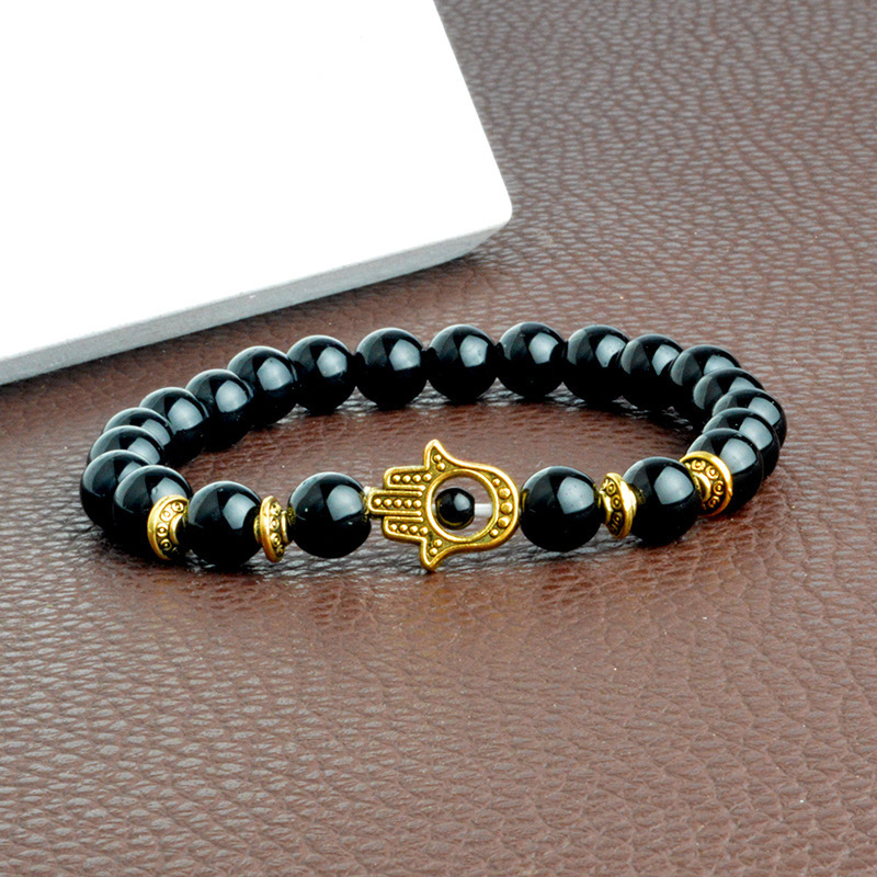 Hot Sale 8mm Black Volcanic Stone Bracelet With Gold and Silver Lion Fatima Demon Palm Natural Bracelet