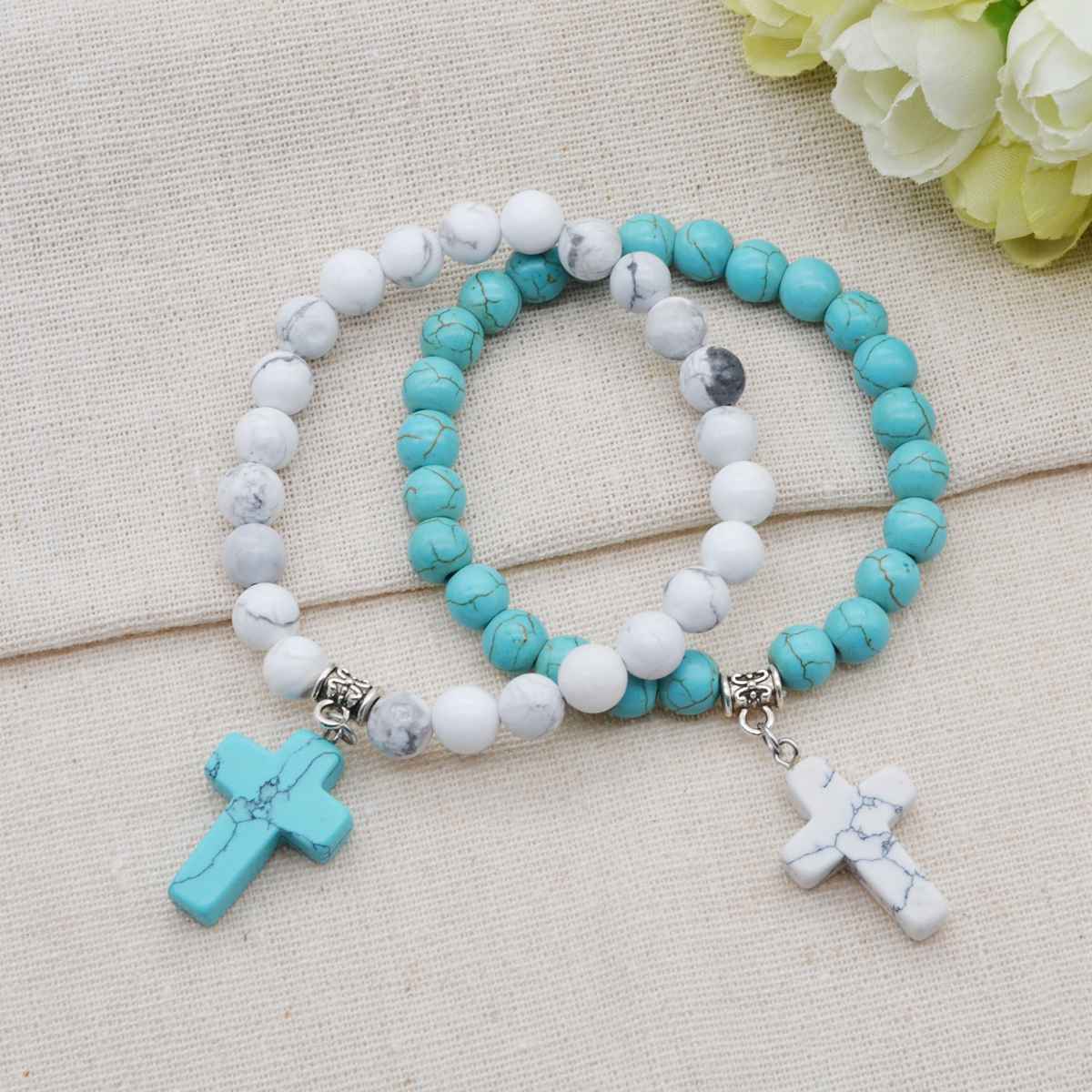 Turguoise Stone Cross Pendant Bracelet 8MM Bead Silver Reiki Cuff Bangle