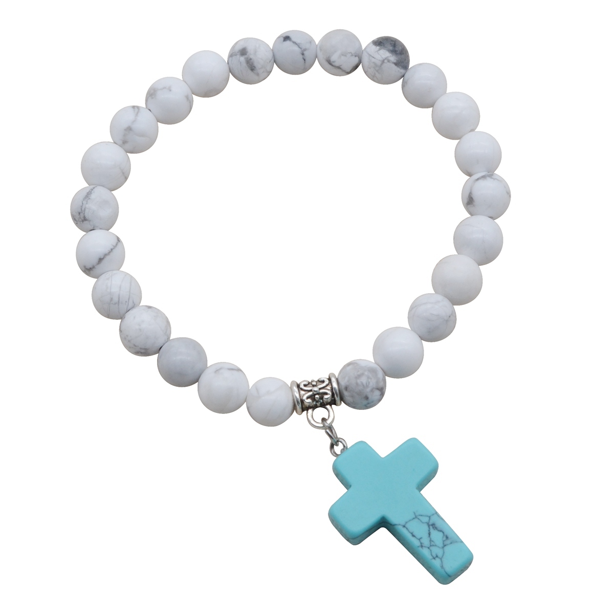 Turguoise Stone Cross Pendant Bracelet 8MM Bead Silver Reiki Cuff Bangle