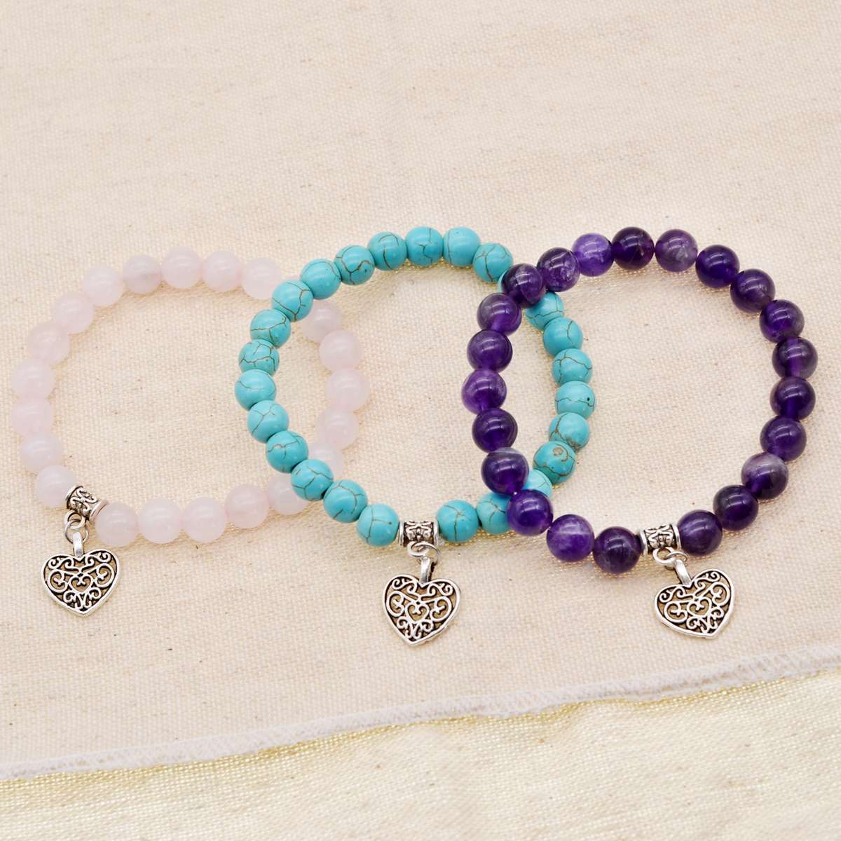 3 Style Natural Gemstone 8mm Beaded Bracelet Vintage Heart Charm Pendant Stretch Beads Bracelet Gifts for Women