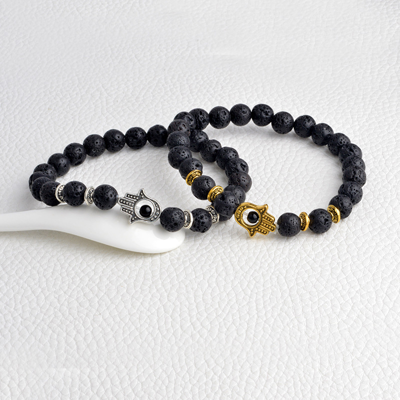 Hot Sale 8mm Black Volcanic Stone Bracelet With Gold and Silver Lion Fatima Demon Palm Natural Bracelet