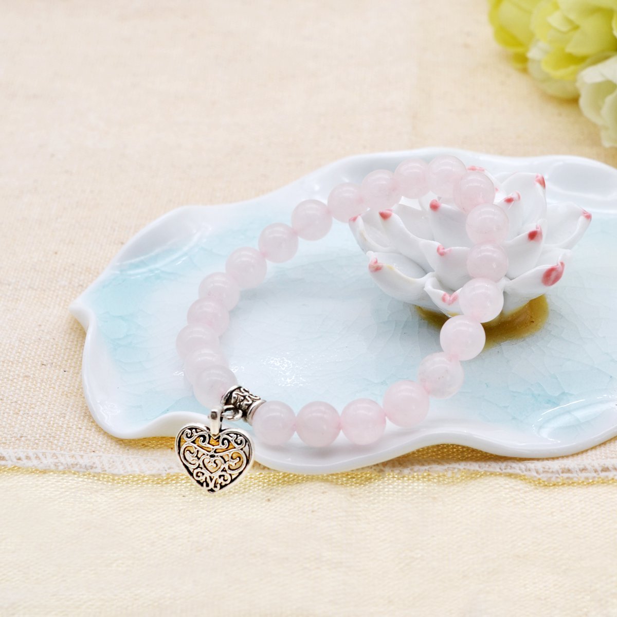 3 Style Natural Gemstone 8mm Beaded Bracelet Vintage Heart Charm Pendant Stretch Beads Bracelet Gifts for Women