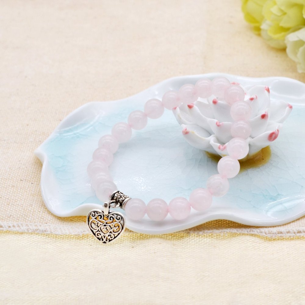 3 Style Natural Gemstone 8mm Beaded Bracelet Vintage Heart Charm Pendant Stretch Beads Bracelet Gifts for Women