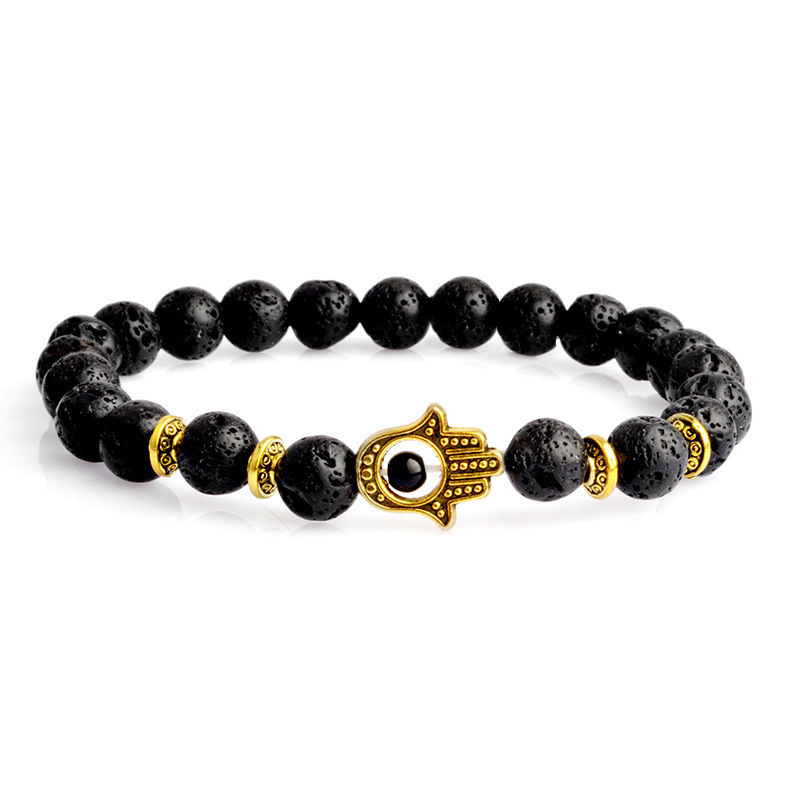 Hot Sale 8mm Black Volcanic Stone Bracelet With Gold and Silver Lion Fatima Demon Palm Natural Bracelet
