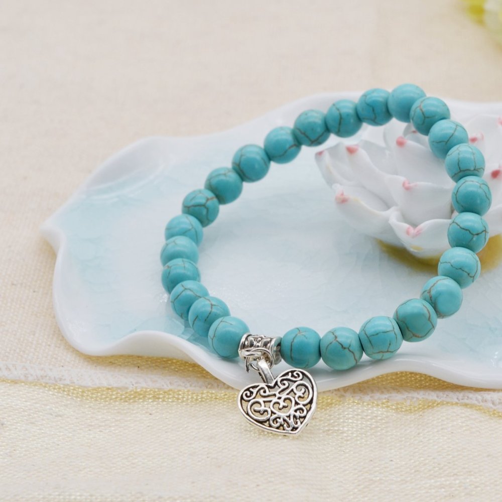 3 Style Natural Gemstone 8mm Beaded Bracelet Vintage Heart Charm Pendant Stretch Beads Bracelet Gifts for Women