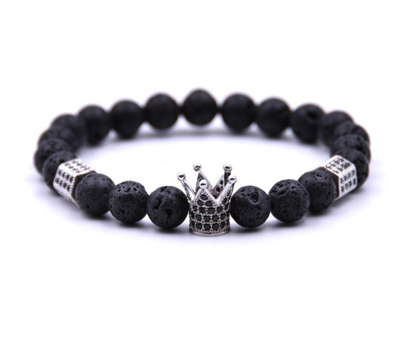 Lava Stone Pave CZ Imperial Crown And Helmet Charm Bracelet