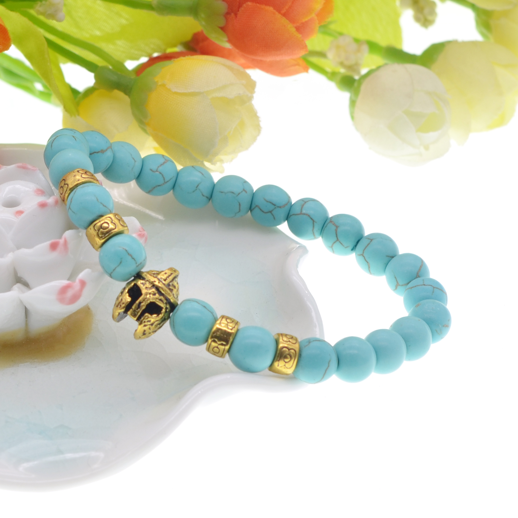 Lava Stone Weathering Agate Stone Bracelet Gold Helmet Alloy Bracelet Hand String