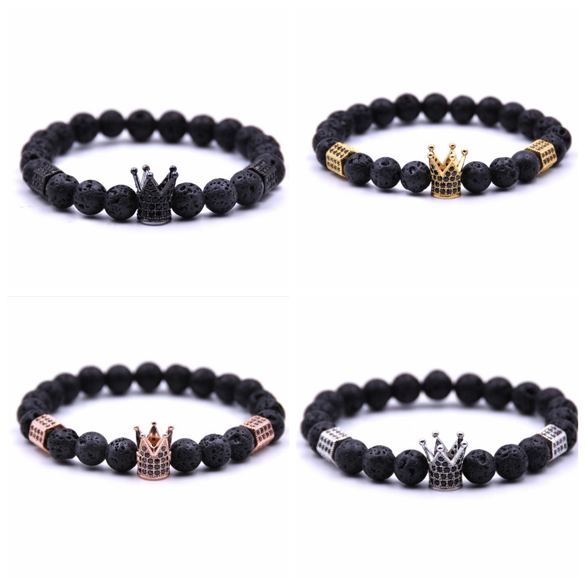 Lava Stone Pave CZ Imperial Crown And Helmet Charm Bracelet