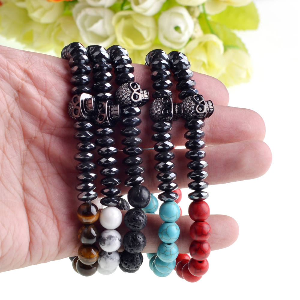 New Products Beaded 8MM  Beads Black Gold Skull Elegant Elastic  Bracelets