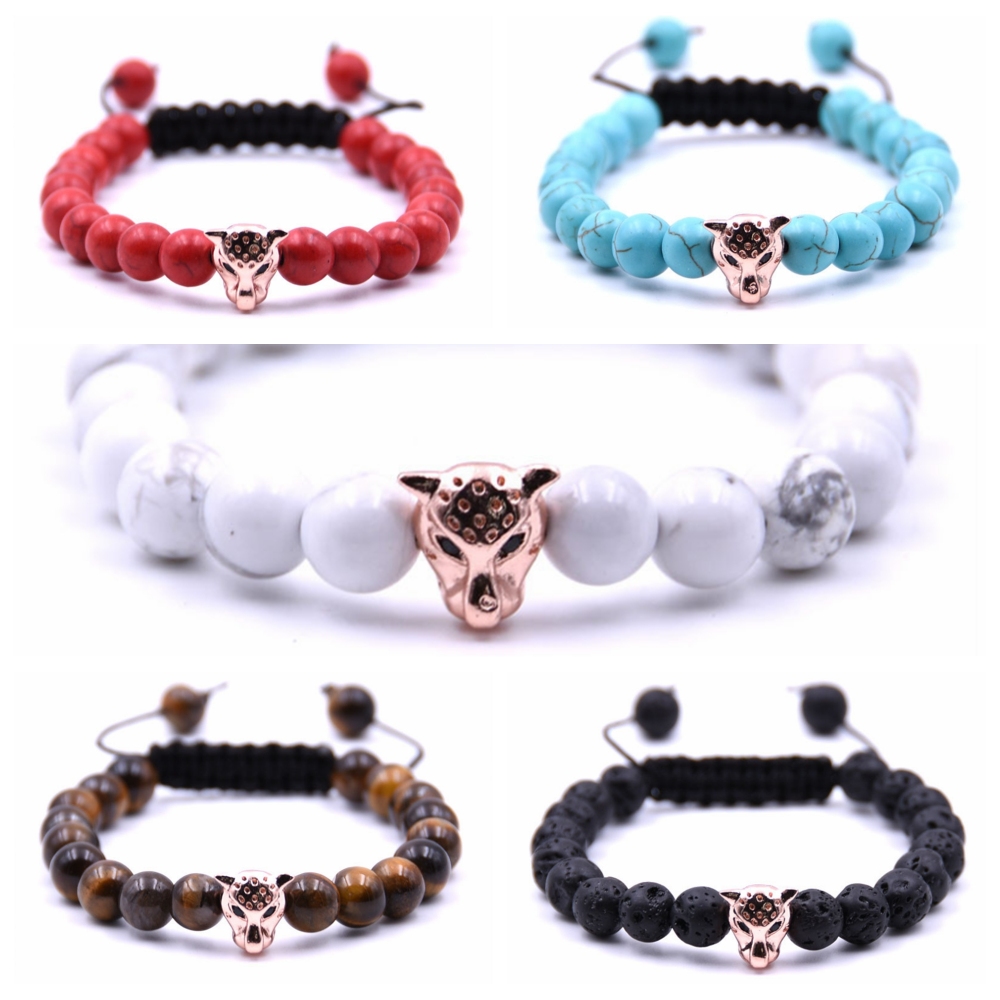 Antique Silver Plated Leopard head Bracelet Lava Natural Stone Beaded