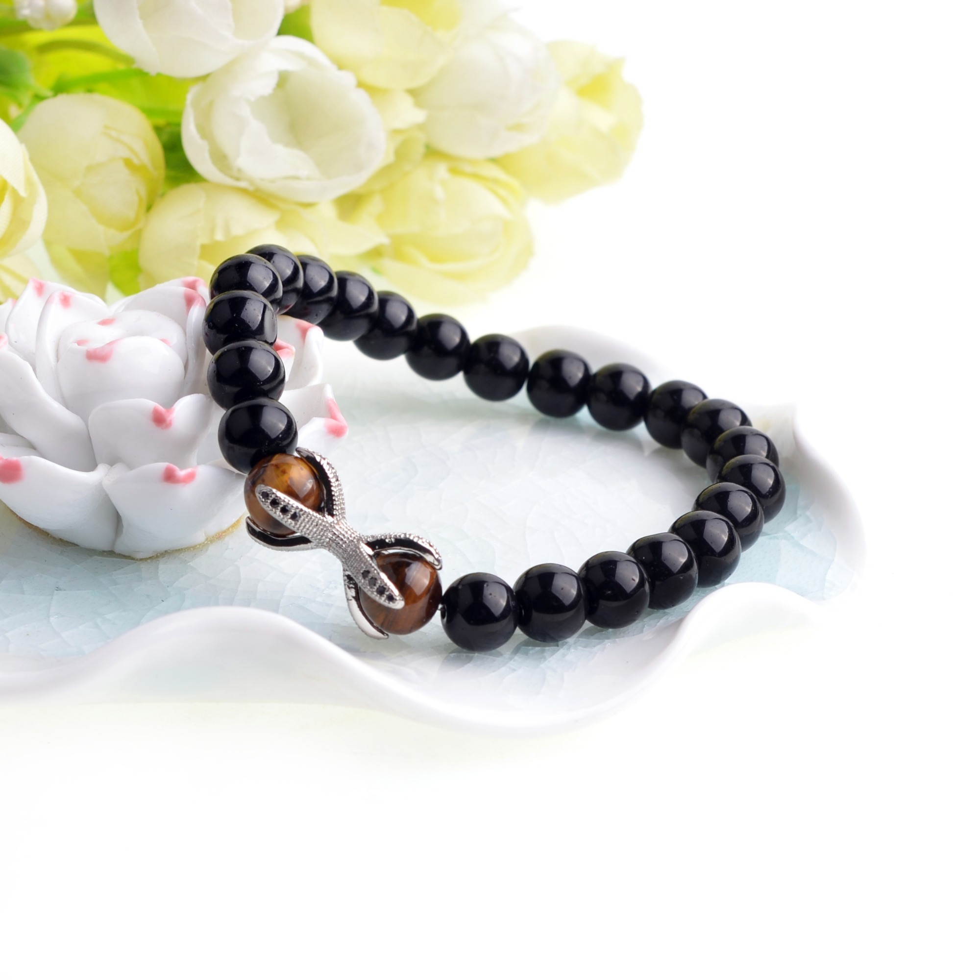 Fashion Rose Gold Alloy Black Onyx Beads stone Bracelets