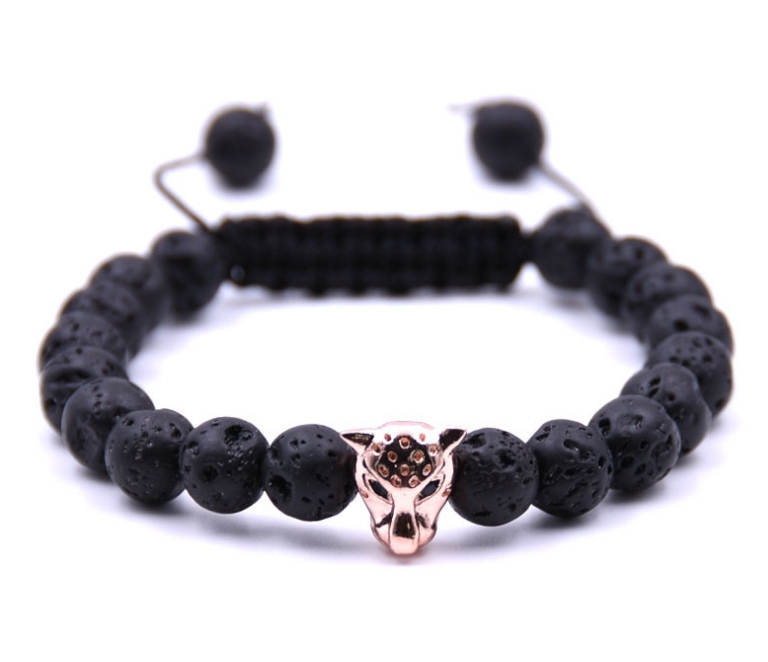 Antique Silver Plated Leopard head Bracelet Lava Natural Stone Beaded
