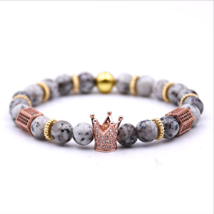 Lava Stone Pave CZ Imperial Crown And Helmet Charm Bracelet
