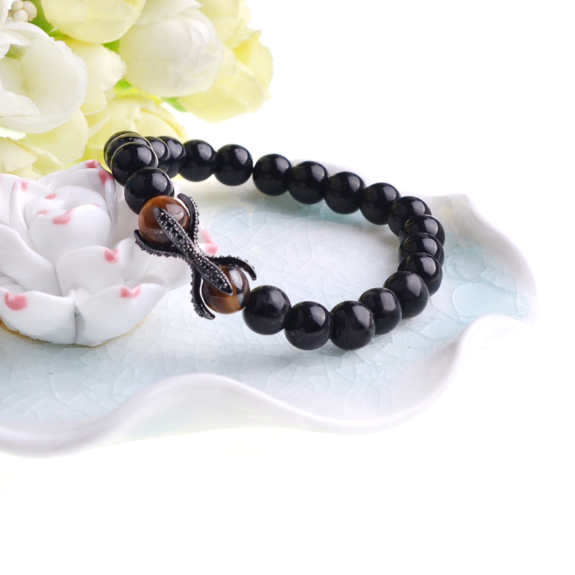Fashion Rose Gold Alloy Black Onyx Beads stone Bracelets