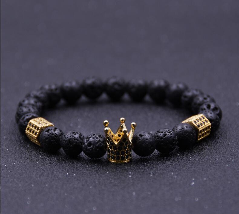 Lava Stone Pave CZ Imperial Crown And Helmet Charm Bracelet