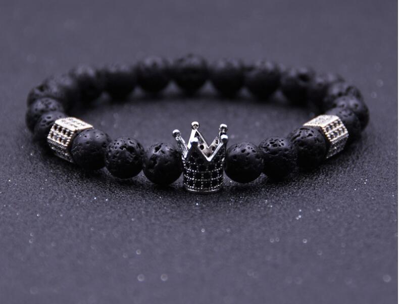 Lava Stone Pave CZ Imperial Crown And Helmet Charm Bracelet