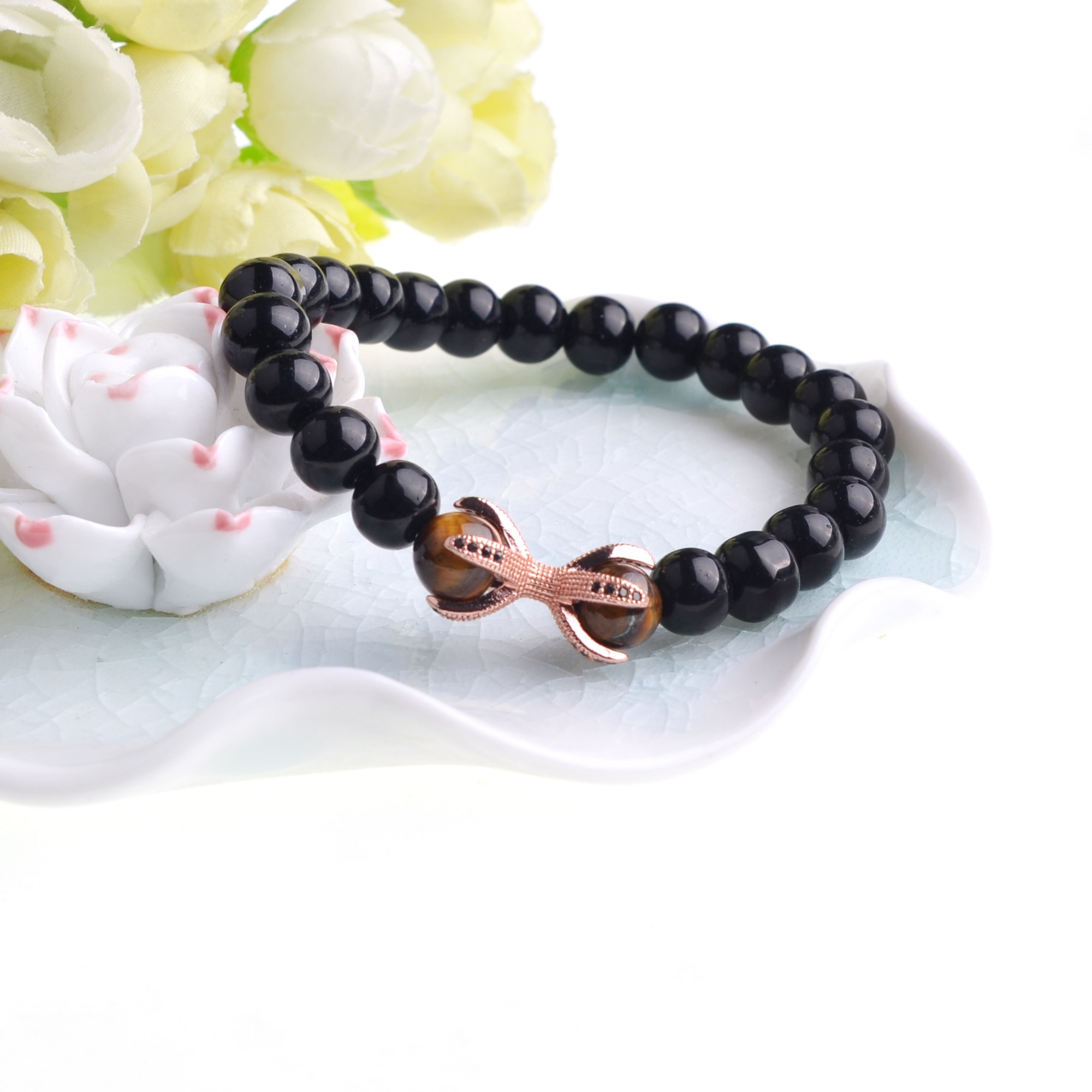 Fashion Rose Gold Alloy Black Onyx Beads stone Bracelets