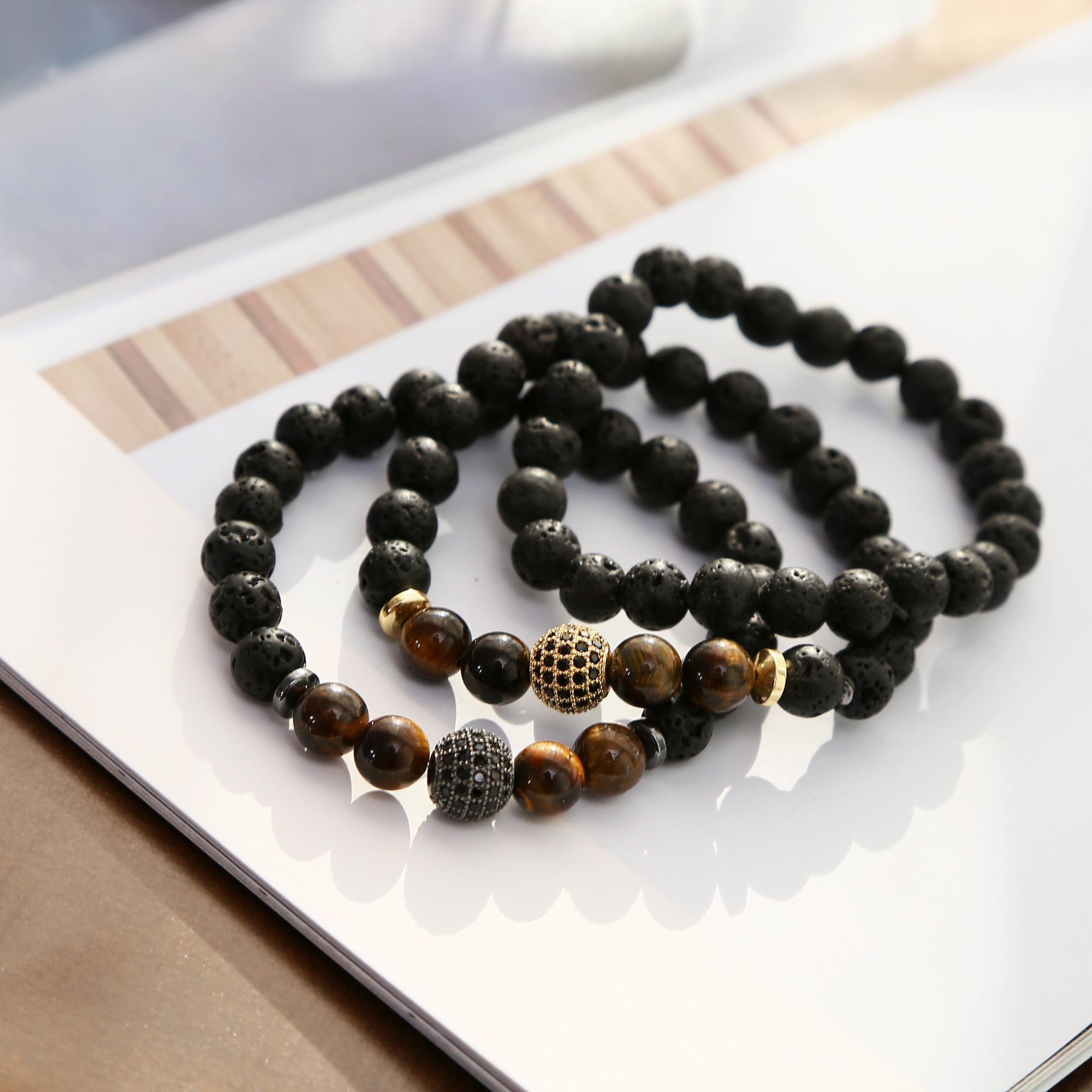 Micro Inlaid Zirconium Stone Buddha Beads 8MM Tiger Eye Rock Lava Bracelet