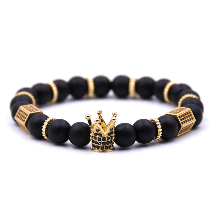 Lava Stone Pave CZ Imperial Crown And Helmet Charm Bracelet