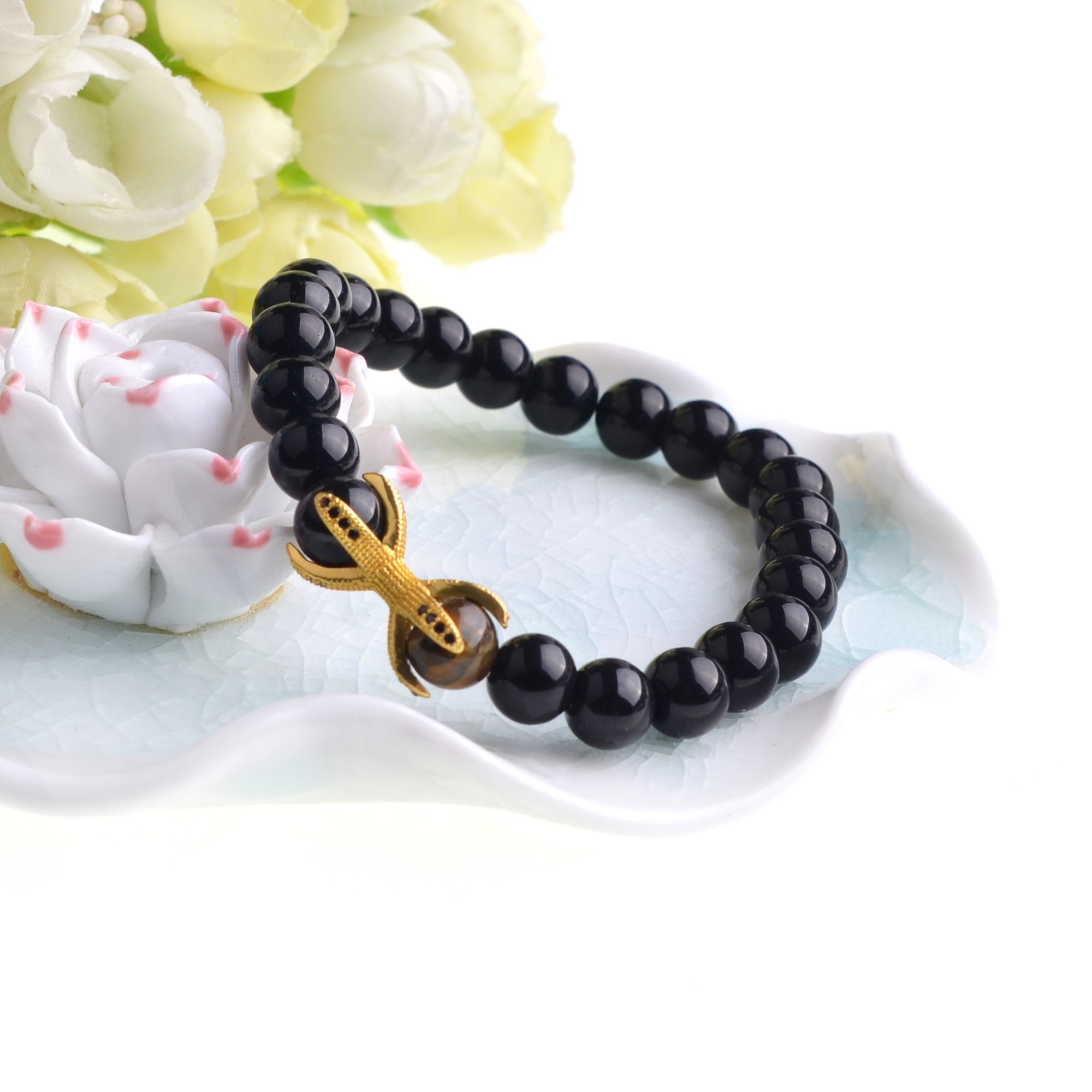 Fashion Rose Gold Alloy Black Onyx Beads stone Bracelets
