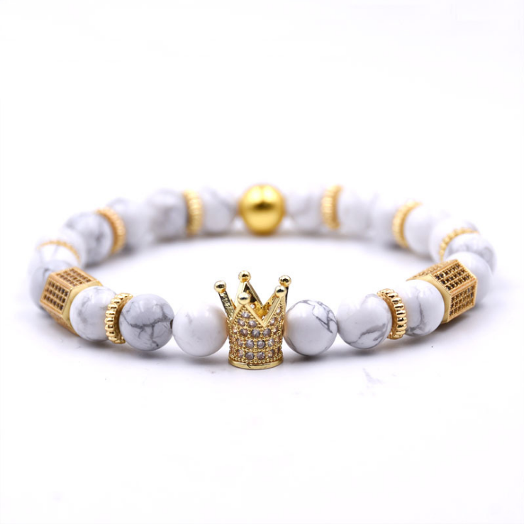 Lava Stone Pave CZ Imperial Crown And Helmet Charm Bracelet