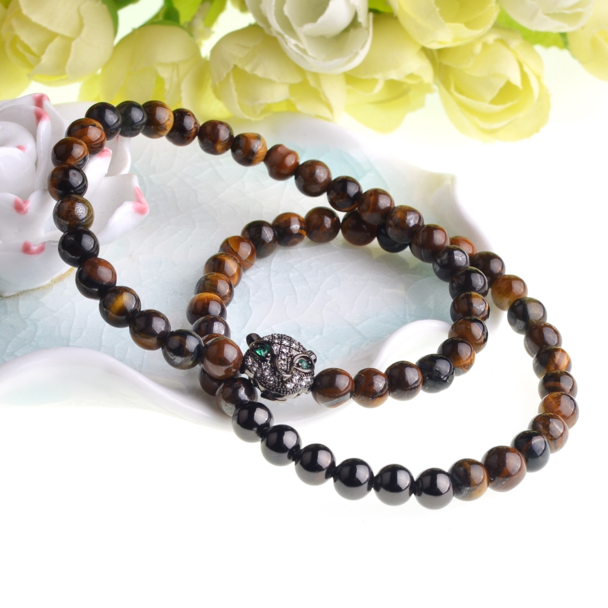 Natural  Fashion Bracelet Gold Prayer Beads Bracelets Jewelry Stretch Leapord for Women and Men