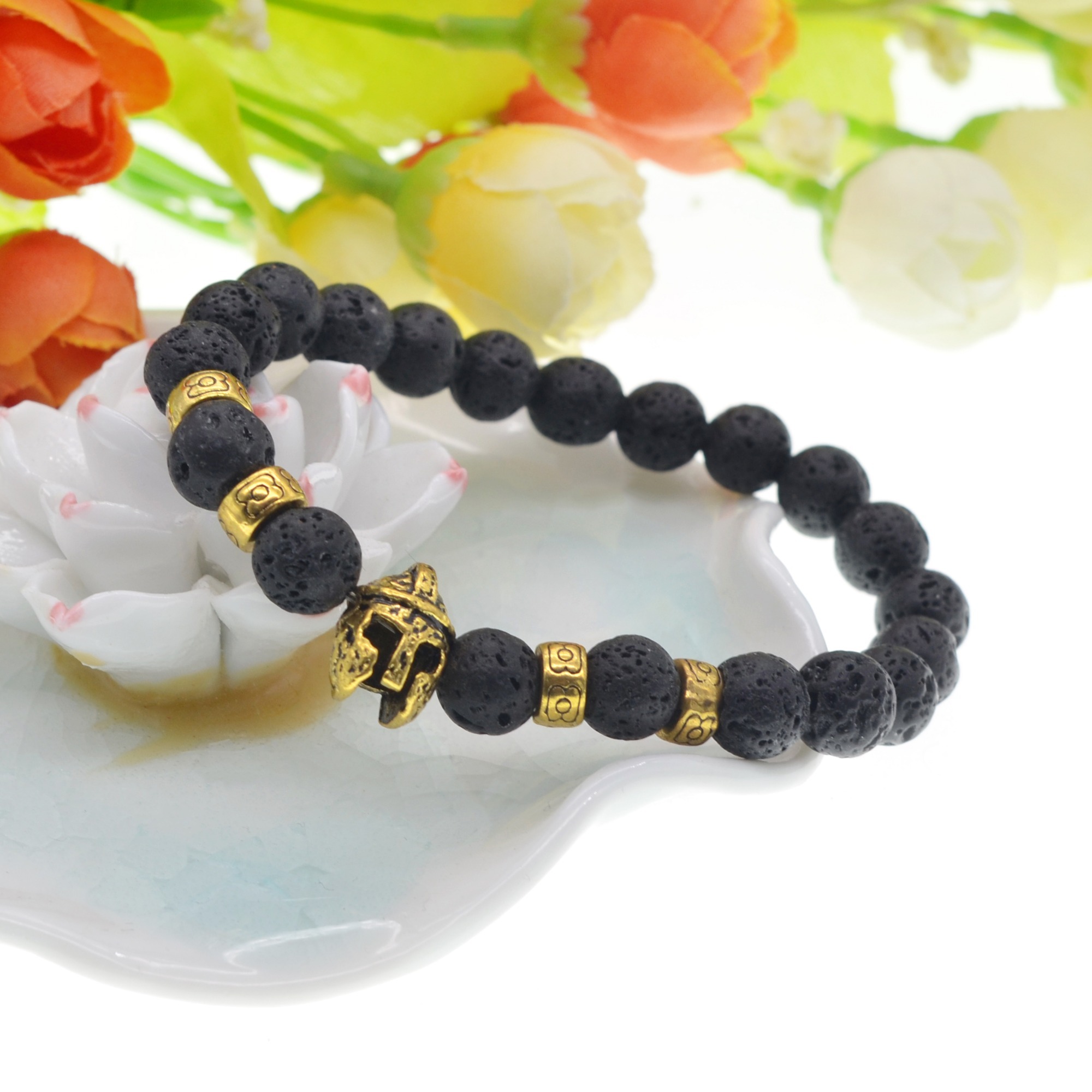 Lava Stone Weathering Agate Stone Bracelet Gold Helmet Alloy Bracelet Hand String