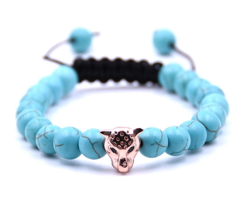 Antique Silver Plated Leopard head Bracelet Lava Natural Stone Beaded