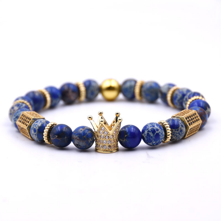Lava Stone Pave CZ Imperial Crown And Helmet Charm Bracelet