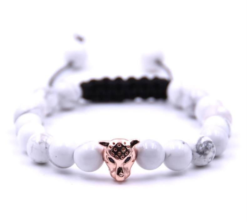 Antique Silver Plated Leopard head Bracelet Lava Natural Stone Beaded