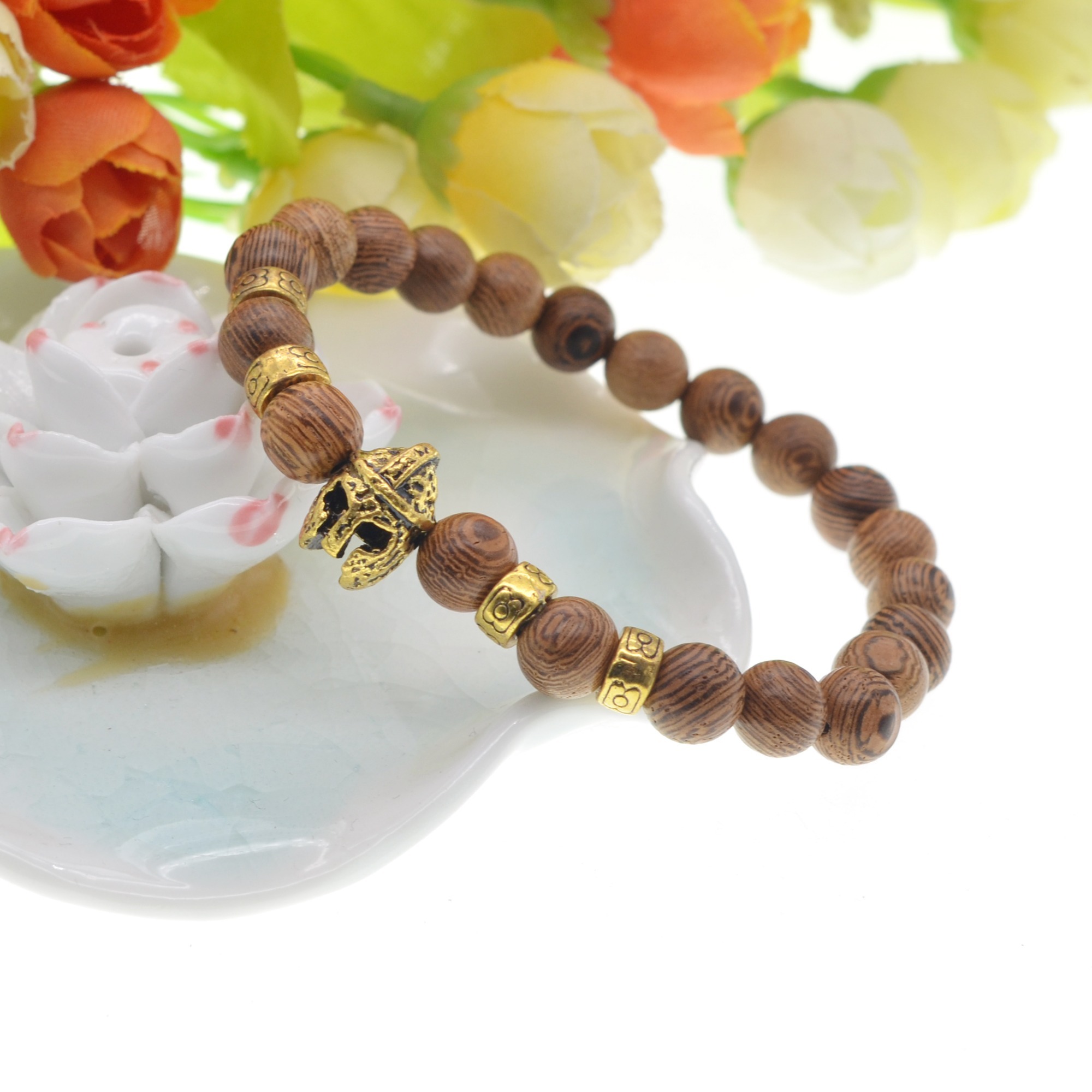 Lava Stone Weathering Agate Stone Bracelet Gold Helmet Alloy Bracelet Hand String