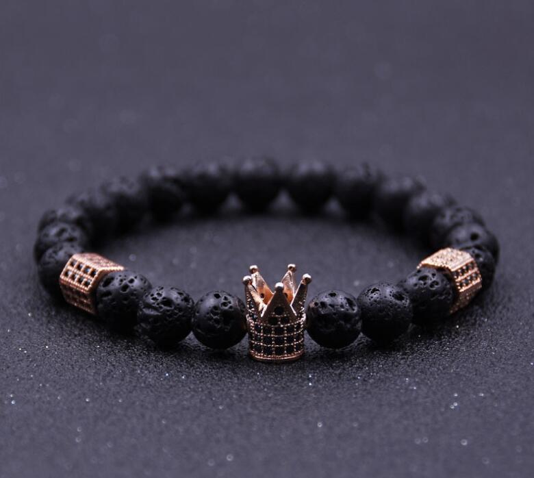 Lava Stone Pave CZ Imperial Crown And Helmet Charm Bracelet