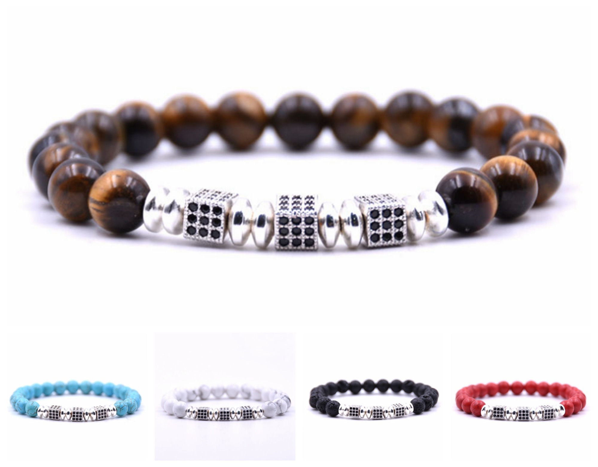 Silver Small Set Zircon Block Alloy Natural Stone Bracelet