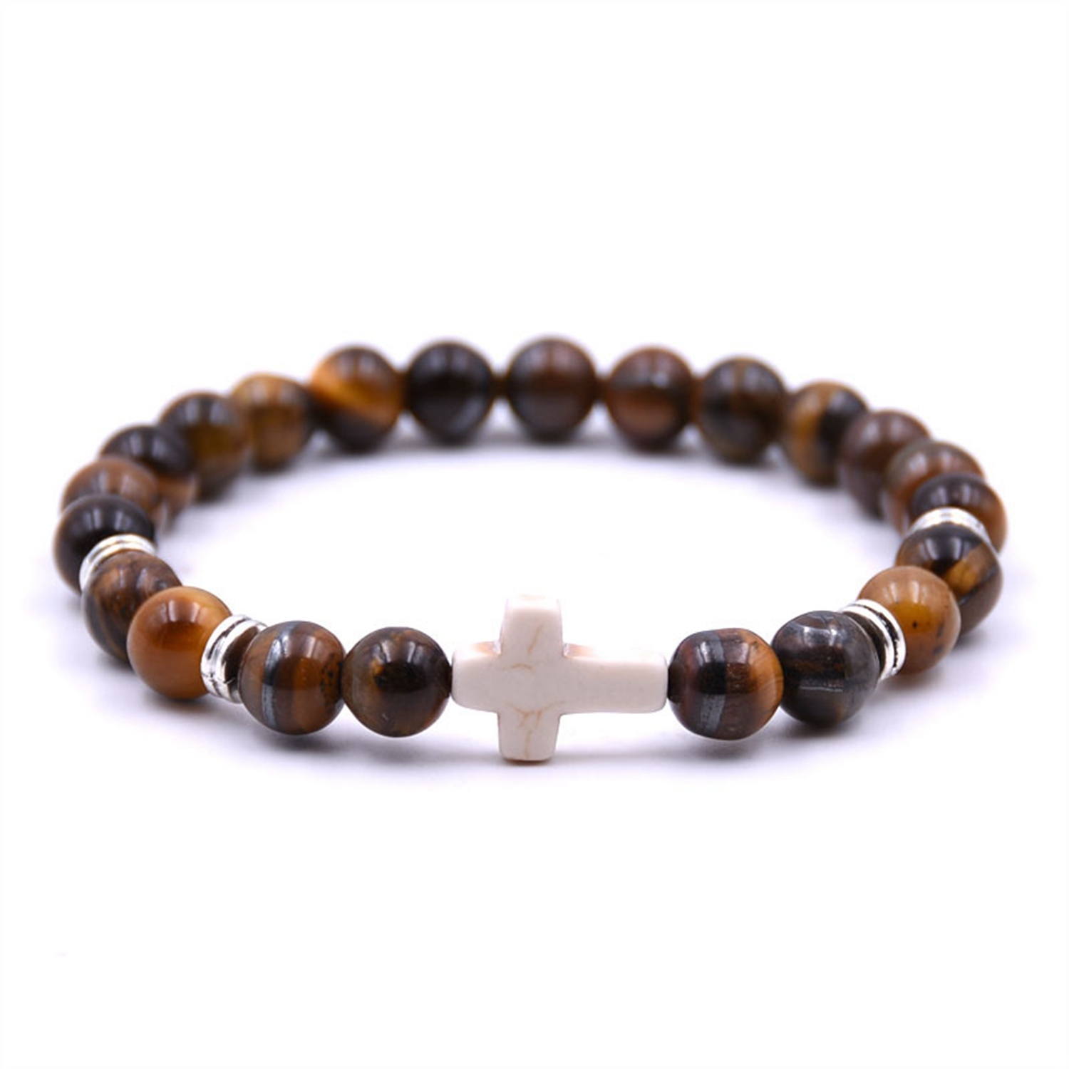 Natural Stone Beaded Cross Charm Beads Elastic Bracelet Red/White/Blue