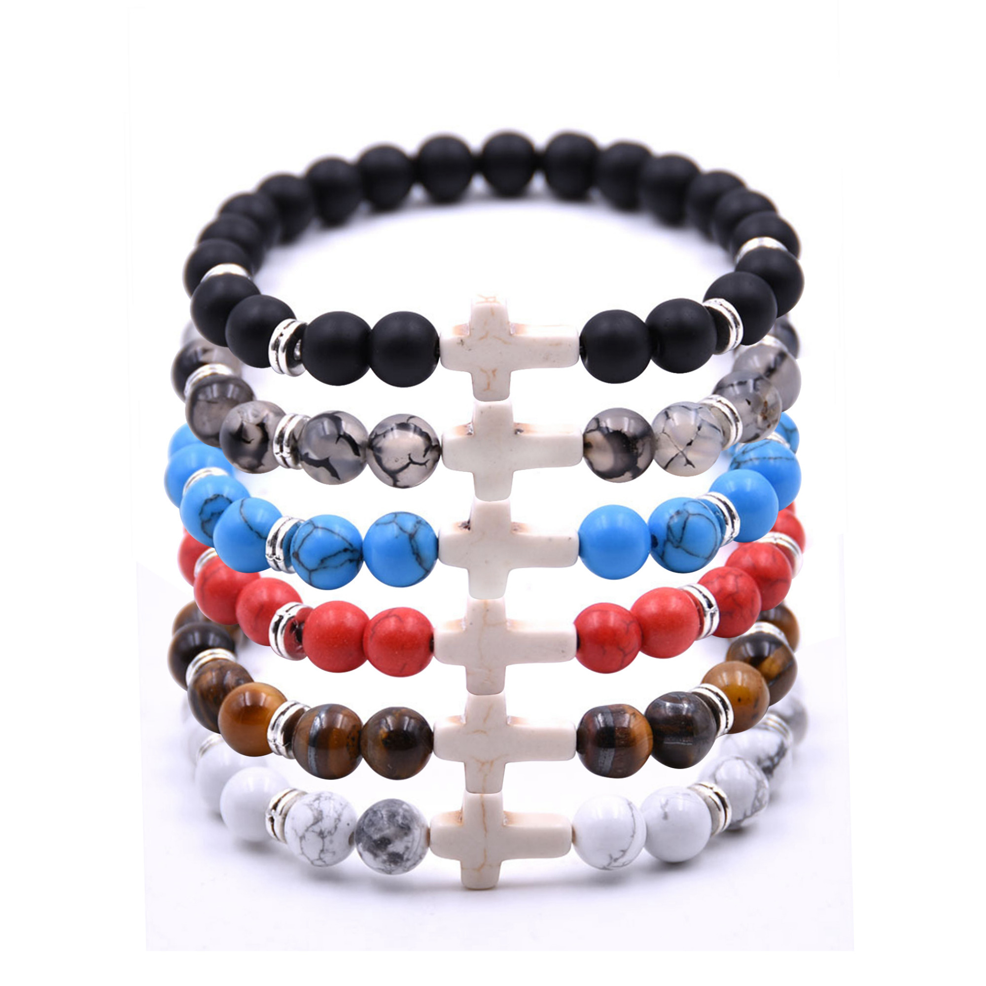 Natural Stone Beaded Cross Charm Beads Elastic Bracelet Red/White/Blue