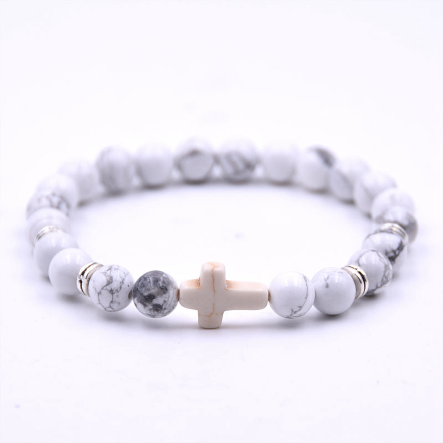 Natural Stone Beaded Cross Charm Beads Elastic Bracelet Red/White/Blue