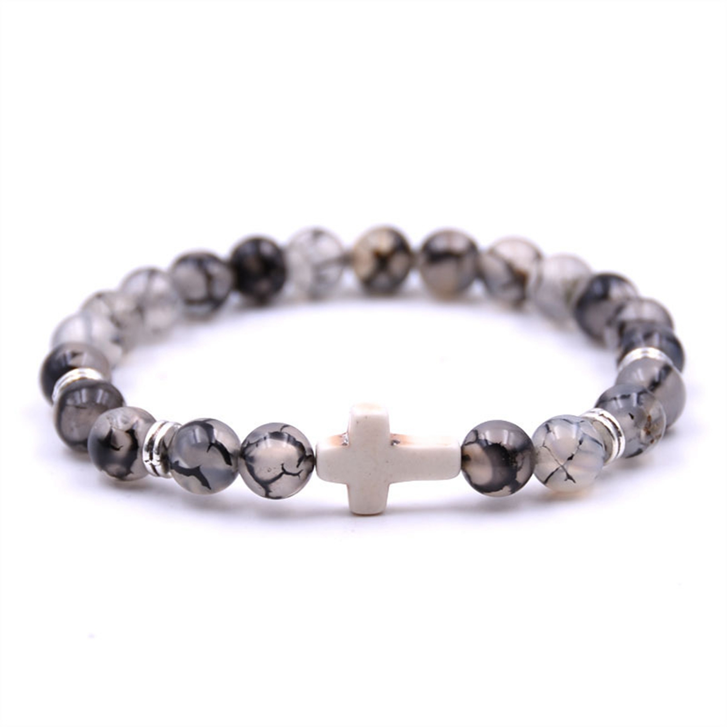 Natural Stone Beaded Cross Charm Beads Elastic Bracelet Red/White/Blue