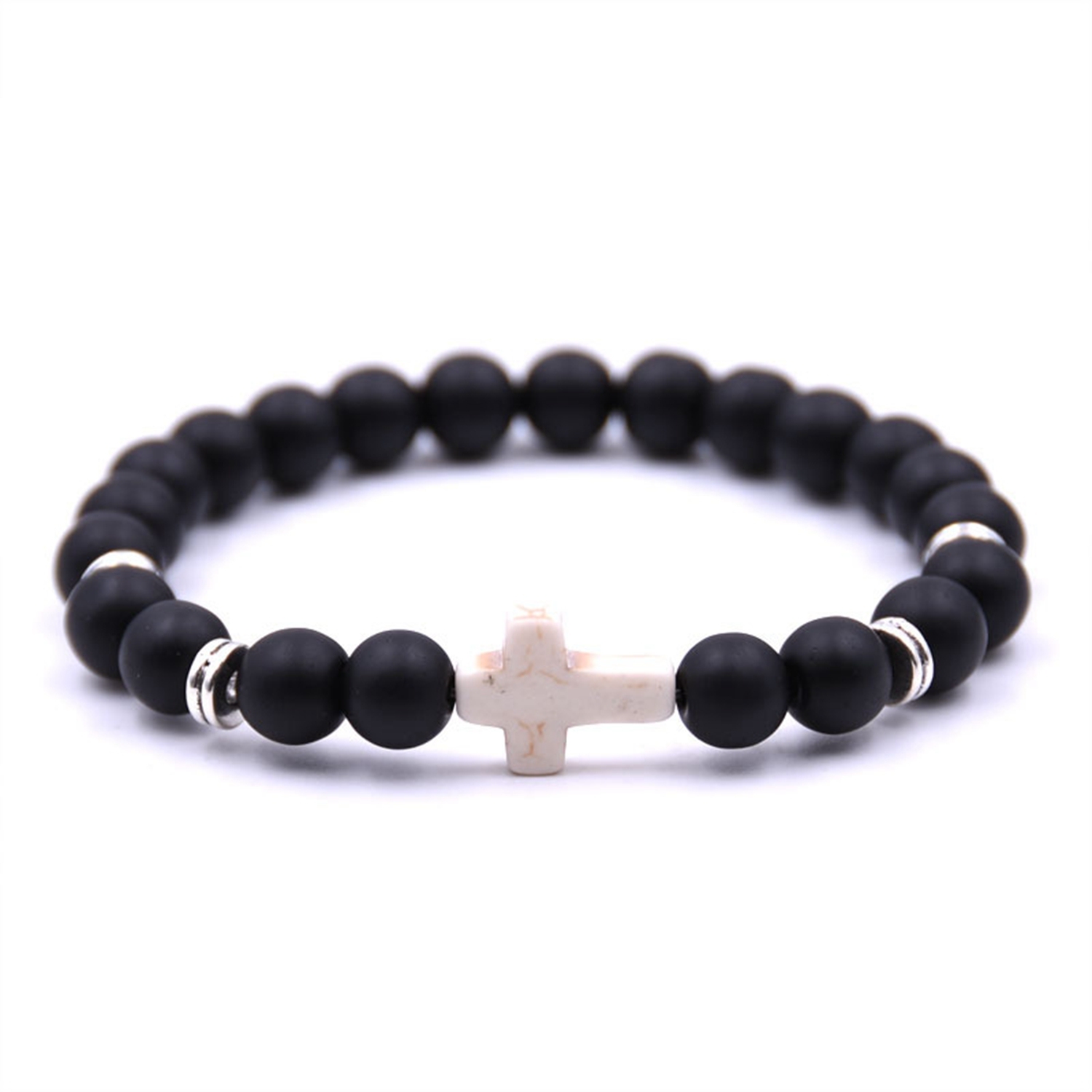Natural Stone Beaded Cross Charm Beads Elastic Bracelet Red/White/Blue