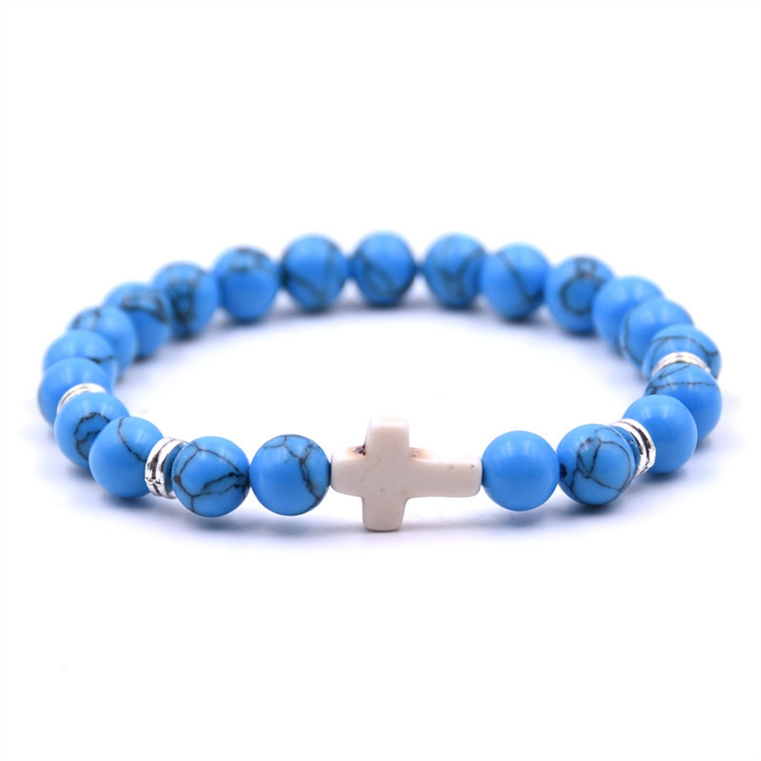 Natural Stone Beaded Cross Charm Beads Elastic Bracelet Red/White/Blue