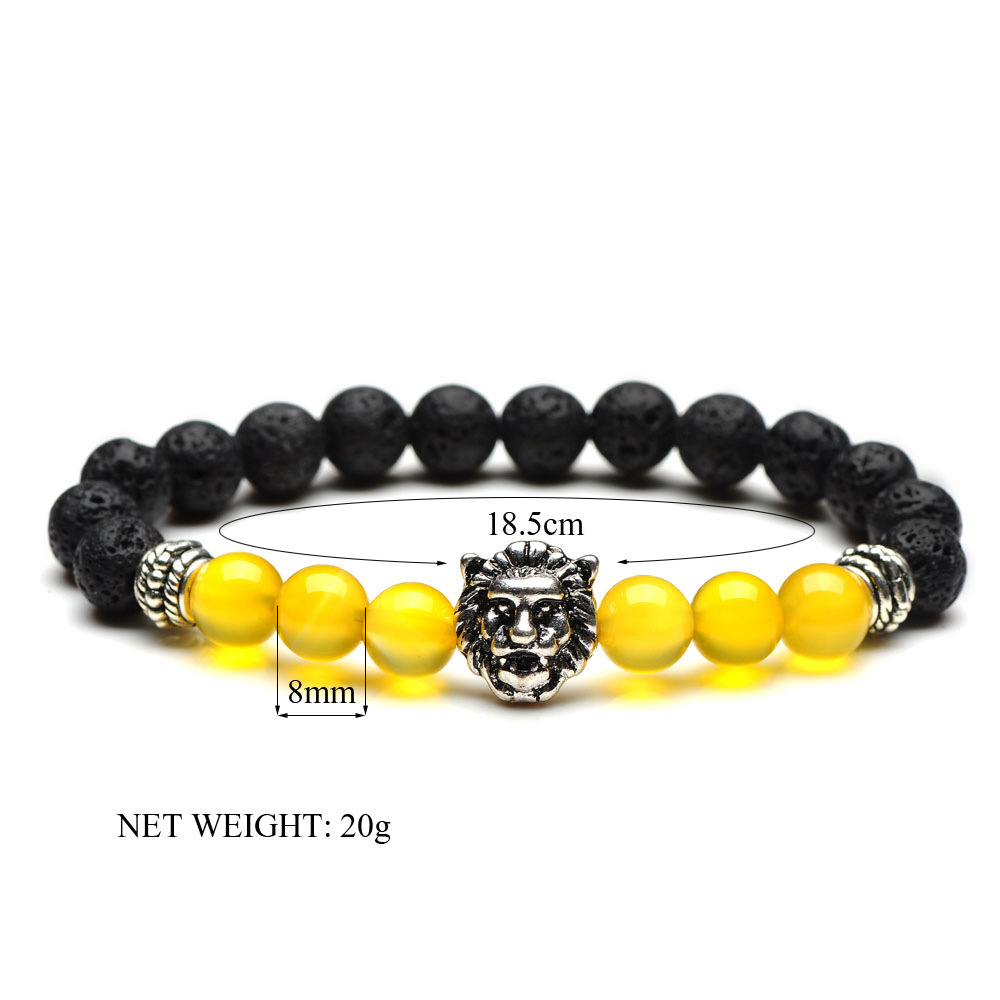 8mm Silver Yellow Agate Volcanic Lava Rock Lion Head Bracelet