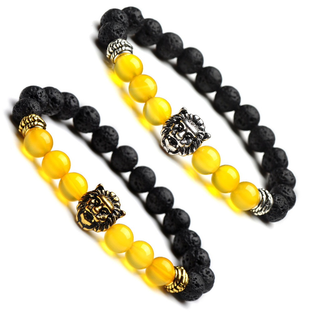 8mm Silver Yellow Agate Volcanic Lava Rock Lion Head Bracelet
