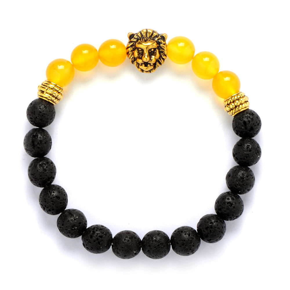 8mm Silver Yellow Agate Volcanic Lava Rock Lion Head Bracelet