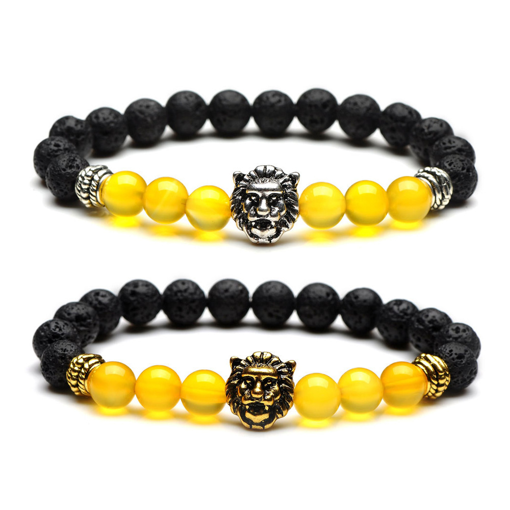 8mm Silver Yellow Agate Volcanic Lava Rock Lion Head Bracelet