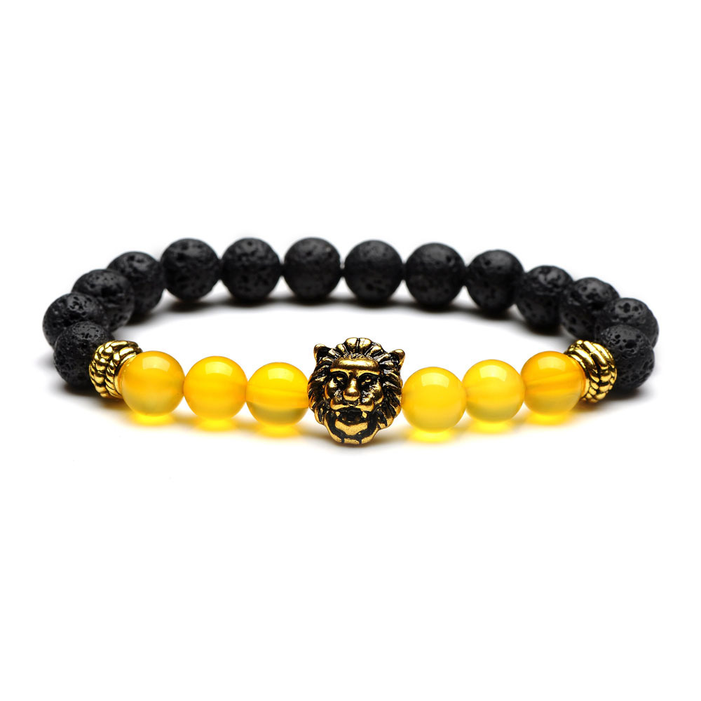 8mm Silver Yellow Agate Volcanic Lava Rock Lion Head Bracelet