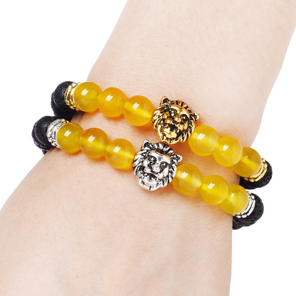 8mm Silver Yellow Agate Volcanic Lava Rock Lion Head Bracelet